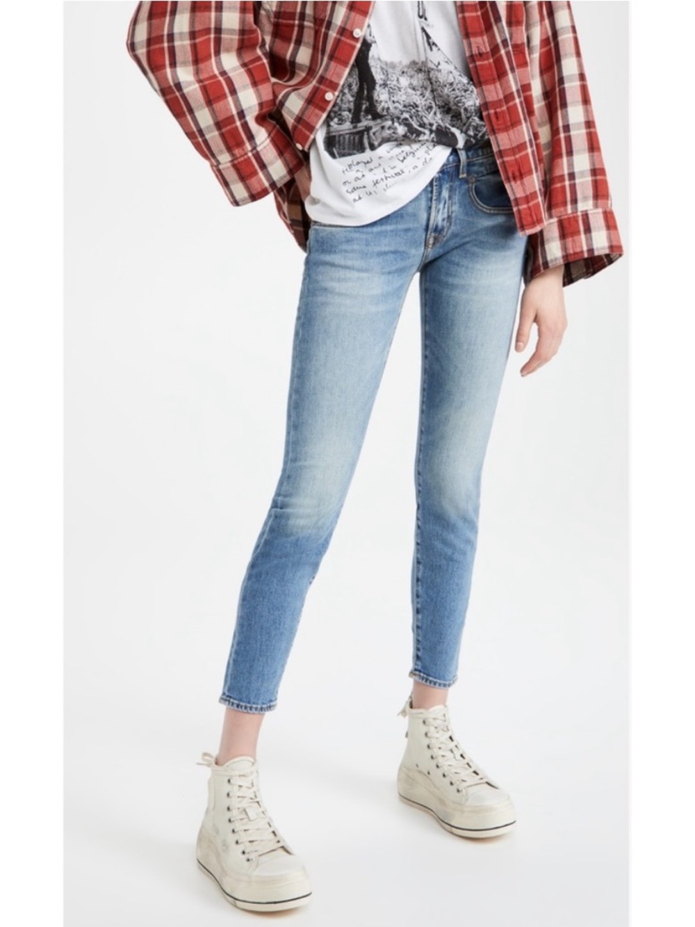 R13 Denim Boy Skinny Jean in Jasper Stretch Ankle Crop Distressed Fading Blue